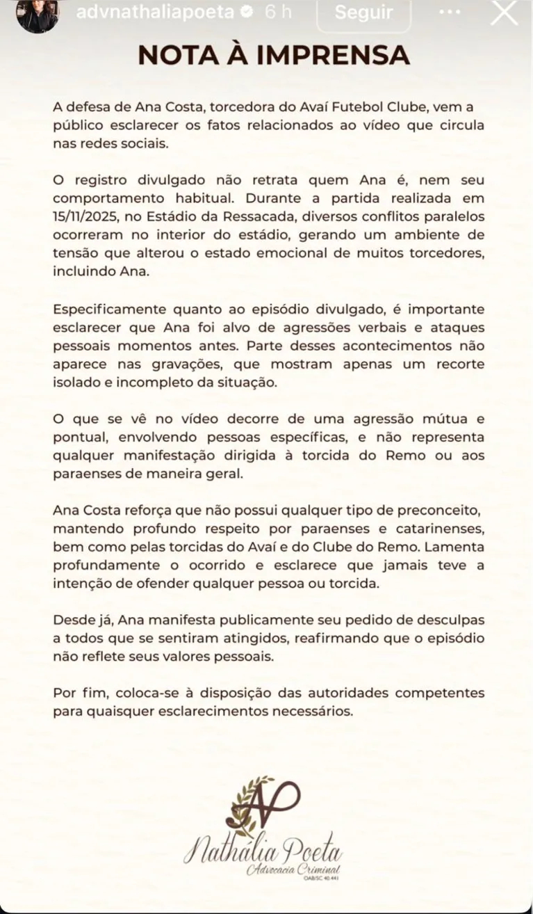 Torcedora do Avaí estava emocionalmente alterada ao xingar paraenses, diz advogada