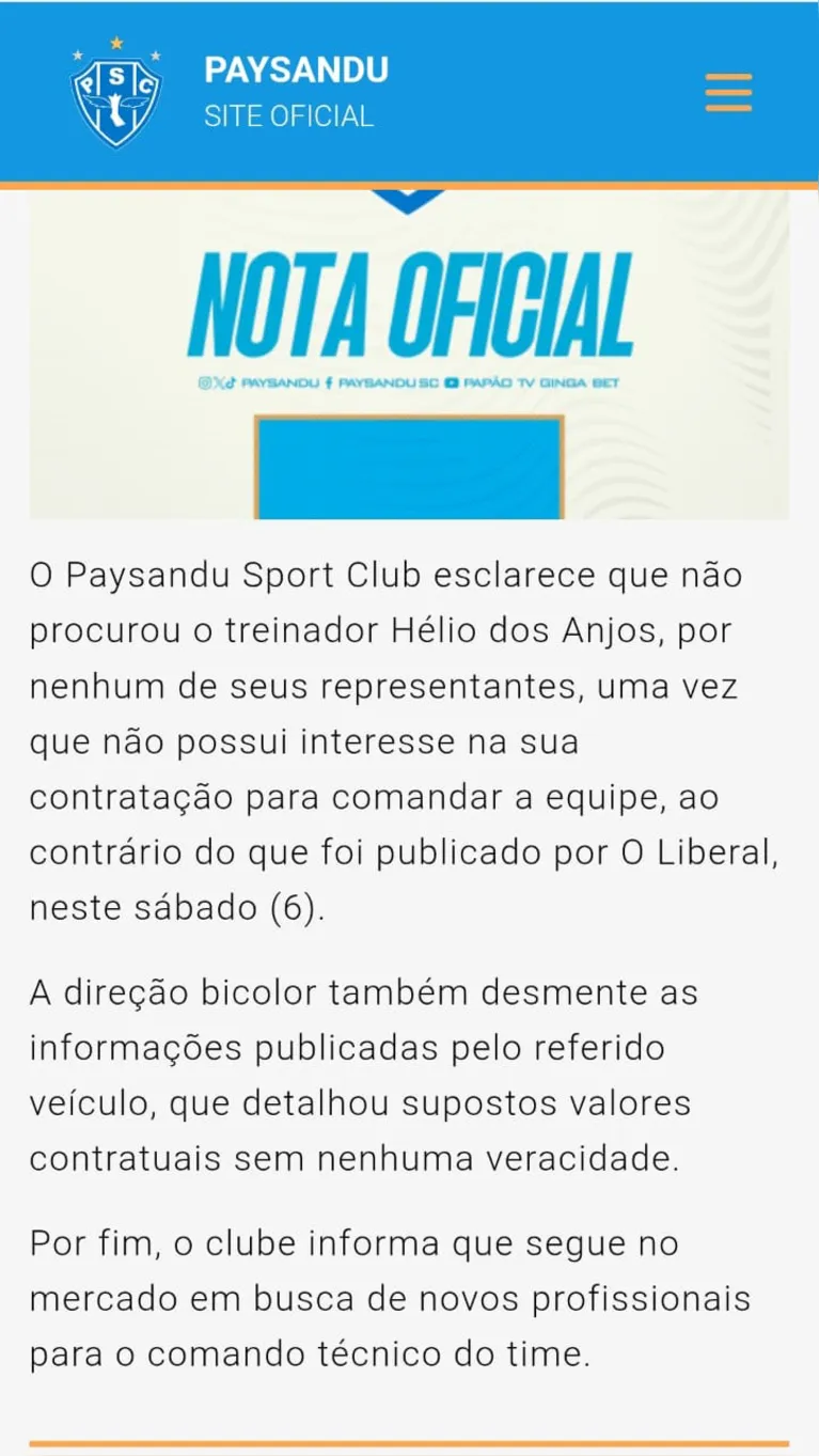 Paysandu desmente interesse em Hélio dos Anjos
