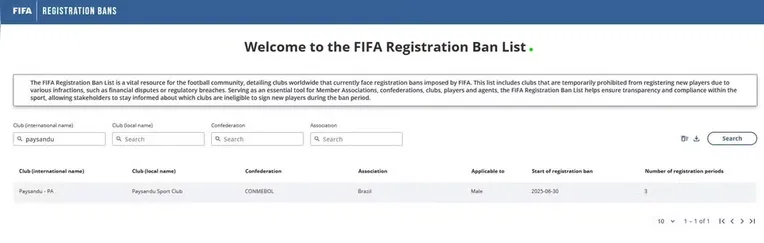 Nome do Paysandu segue registrado no site da FIFA por conta do transfer ban