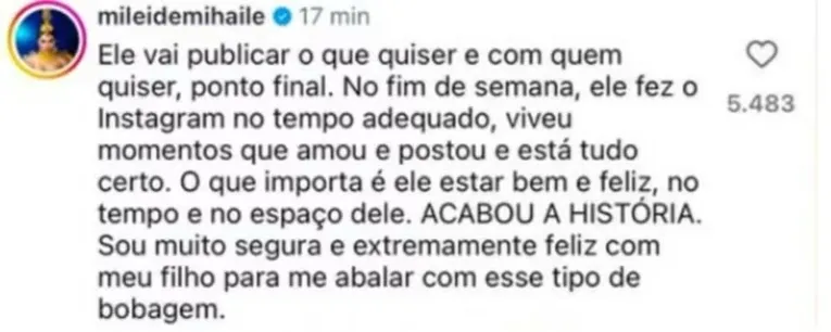 Mileide Mihaile reage após post polêmico de Yhudy nas redes sociais