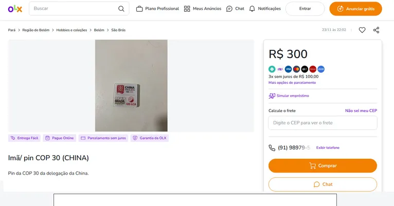 Pin da China sendo ofertado por R$ 300 na OLX.