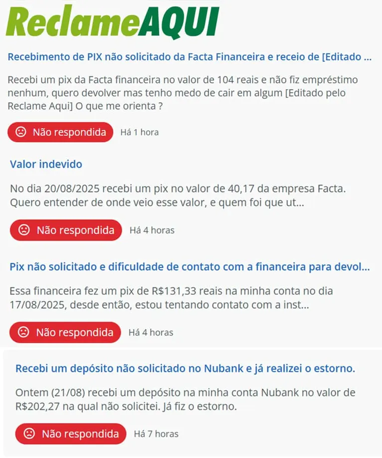 Reclamações de pessoas preocupadas com a origem do Pix recebido