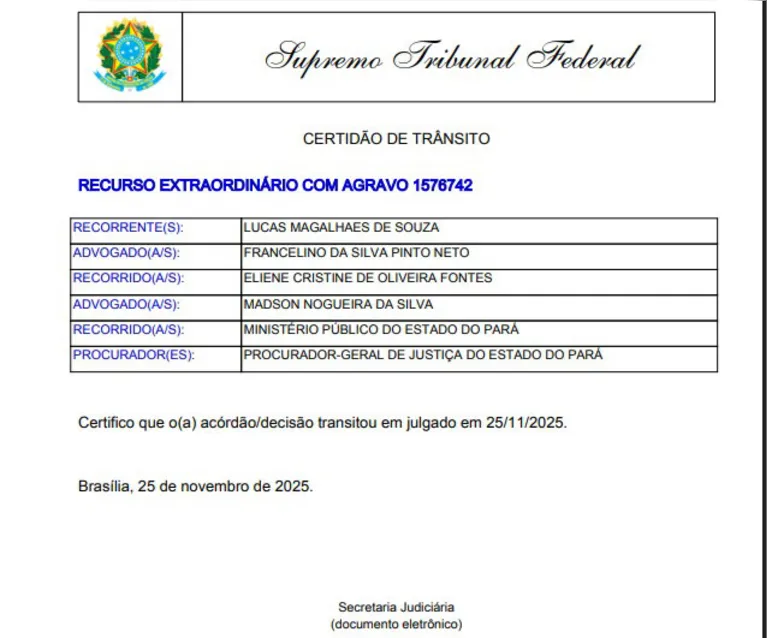Certidão de Trânsito referente a um Recurso Extraordinário com Agravo 1576742.