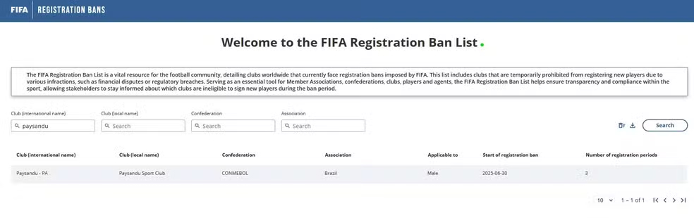Nome do Paysandu segue registrado no site da FIFA por conta do transfer ban