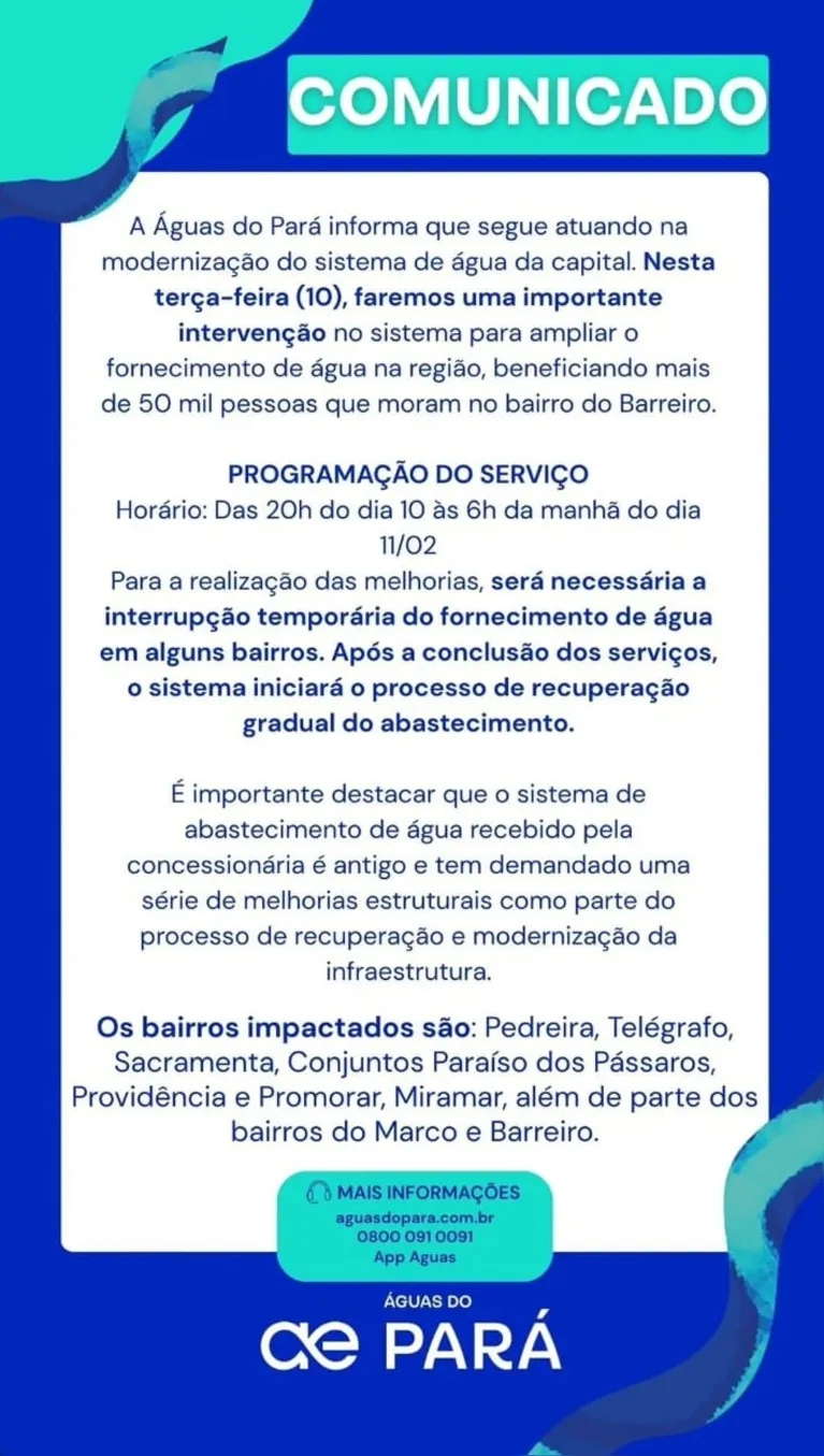 Manutenção suspende fornecimento de água em bairros de Belém