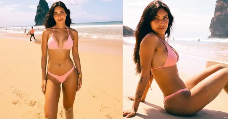 Vanessa Lopes posa de biquíni rosa em Noronha e impressiona