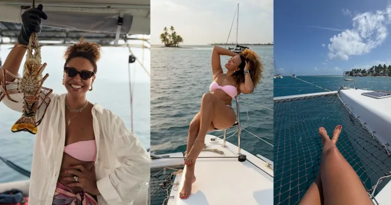 Sheron Menezzes usa biquíni rosa em dia de sol em alto mar