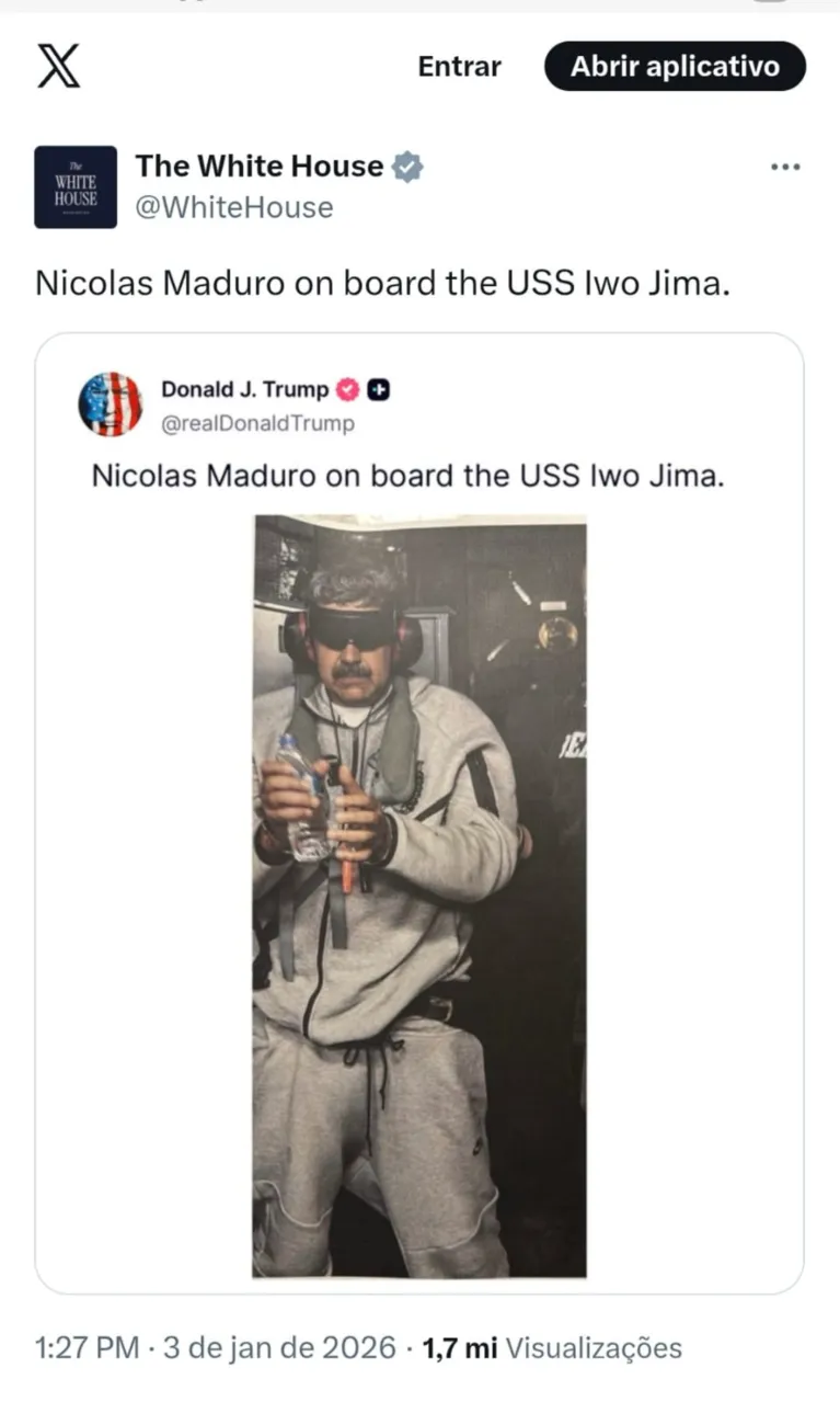 Donald Trump publicou em suas redes sociais a imagem de Nicolás Maduro algemado e vendado, poucas horas após a operação dos EUA na Venezuela.
