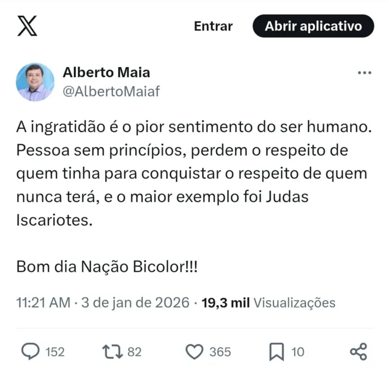 Postagem de Alberto Maia com indireta para Yago Pikachu.
