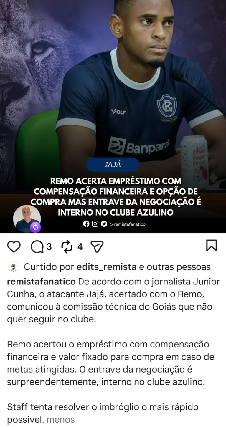 Executivo de futebol Marcos Braz compartilhou em suas redes sociais informação sobre negociação em andamento entre Remo e Jajá