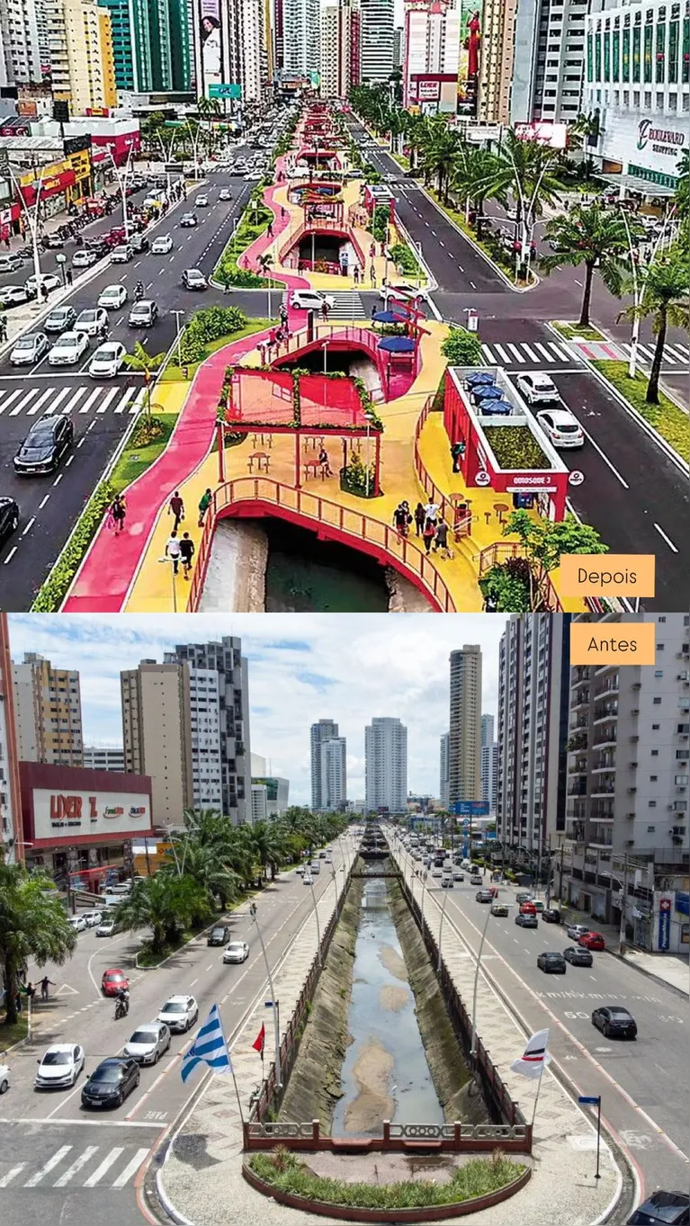 Imagens da Avenida Visconde de Souza Franco antes e depois das obras da COP30