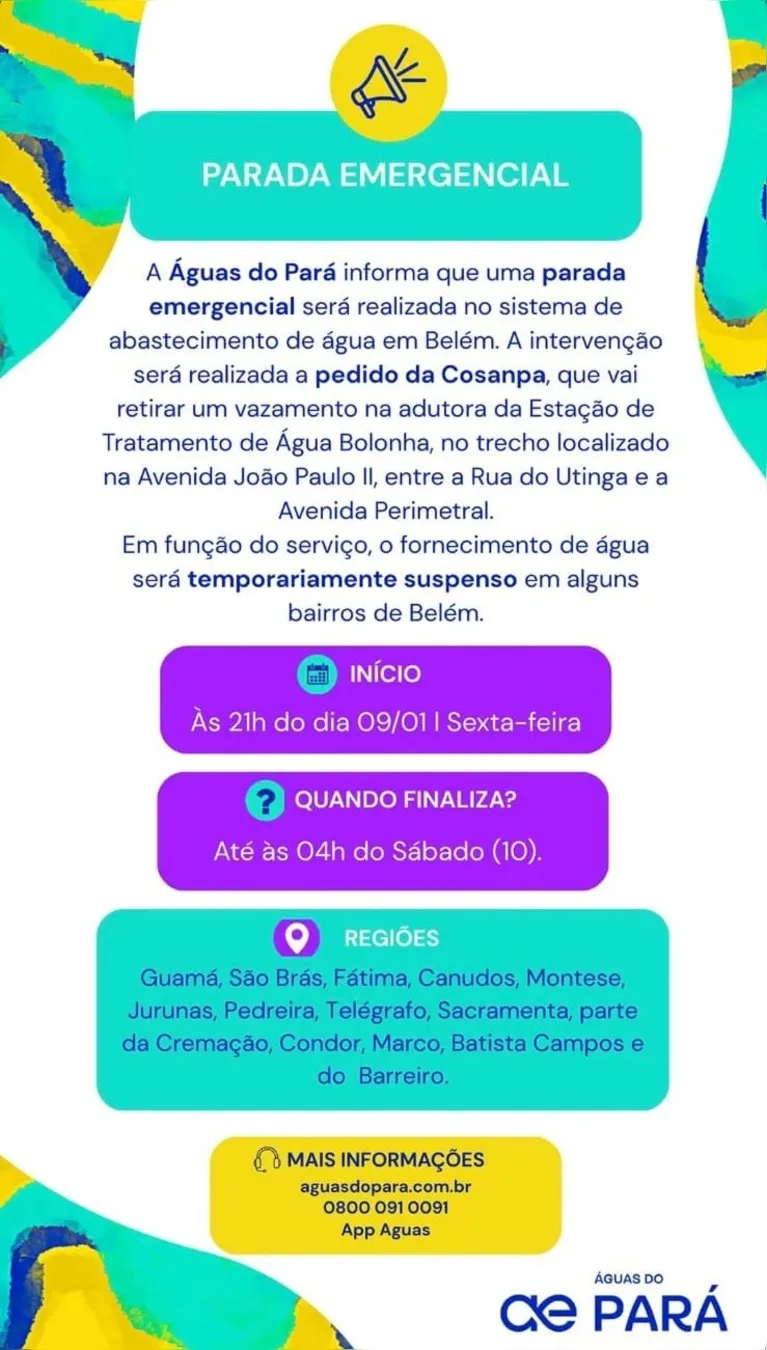 Manutenção interrompe fornecimento de água em bairros de Belém