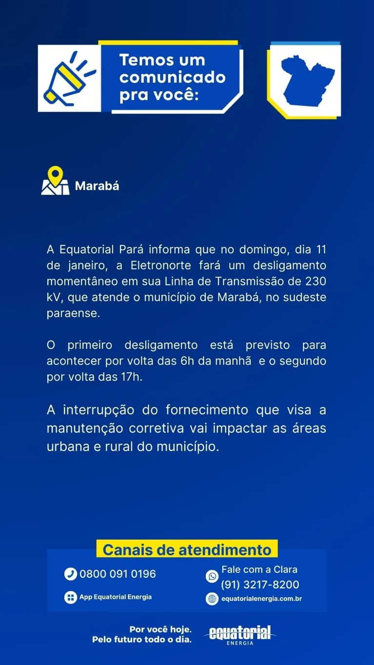 Marabá terá dois grandes desligamentos de energia neste domingo