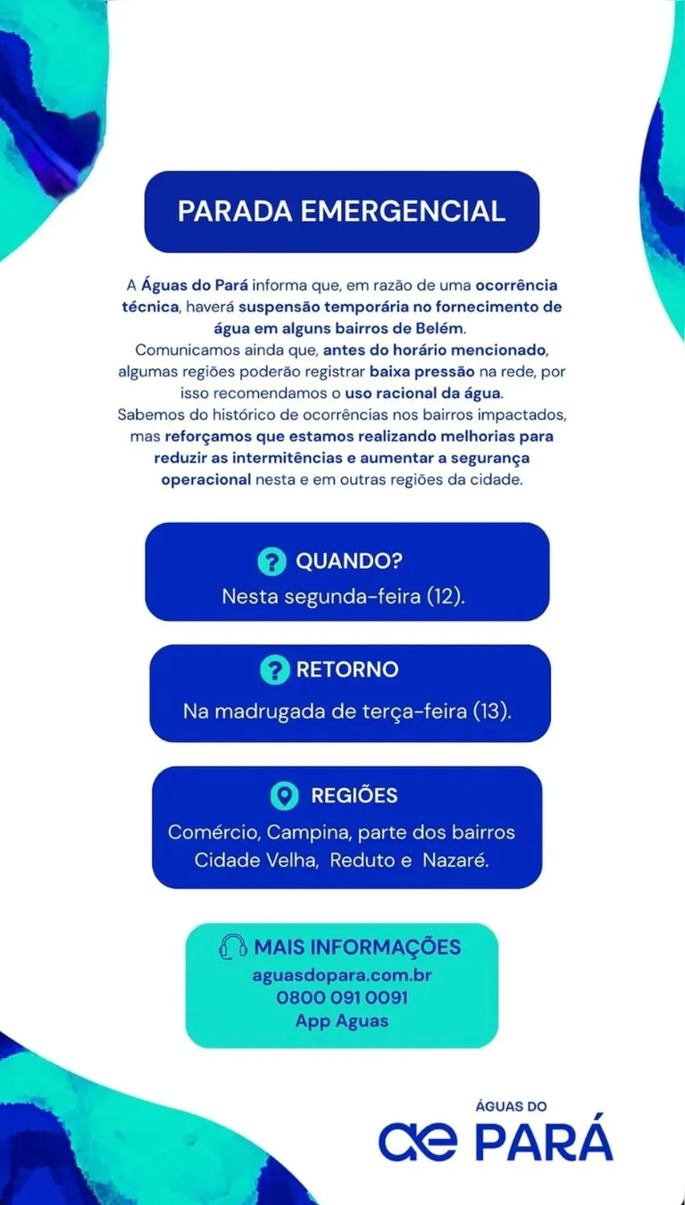 11 bairros de Belém ficam sem água nesta segunda-feira (12)