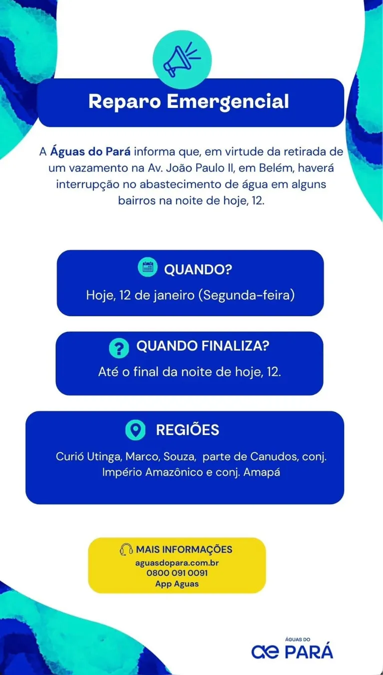 11 bairros de Belém ficam sem água nesta segunda-feira (12)