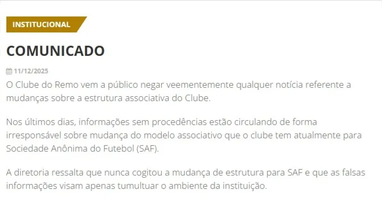 O Leão Azul emitiu comunicado no final de 2025 rechaçando hipótese do clube virar uma SAF.