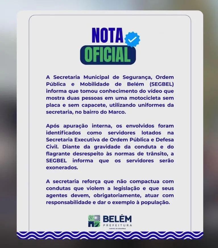 Servidores da Segbel são exonerados após flagrante irregular em moto