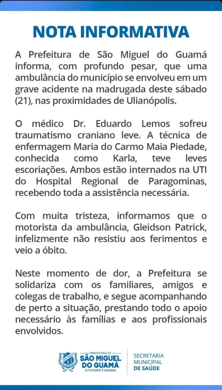 Pará: acidente com ambulância deixa um morto e médico com traumatismo craniano