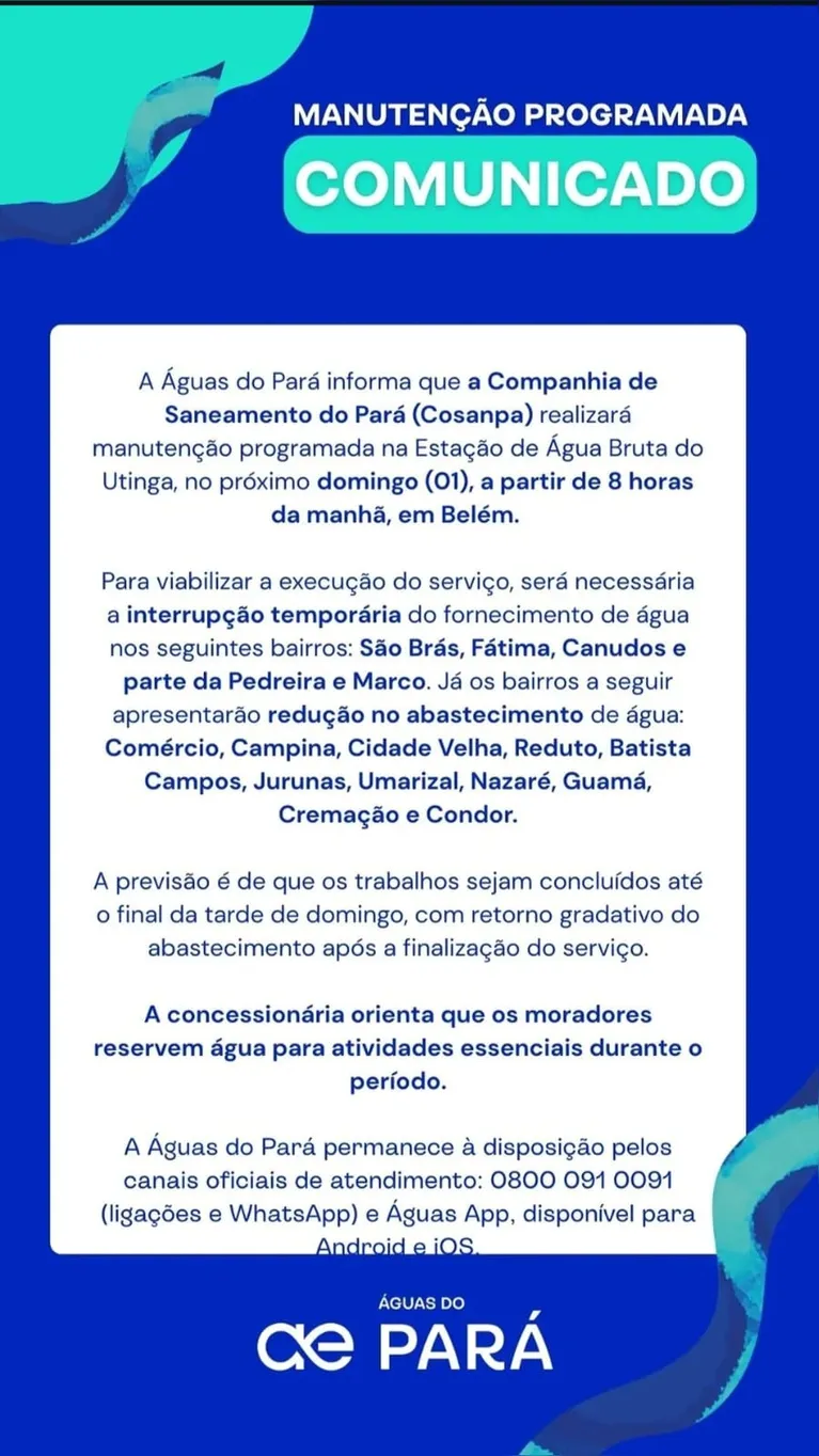 Belém terá interrupção de água programada para este domingo (1)