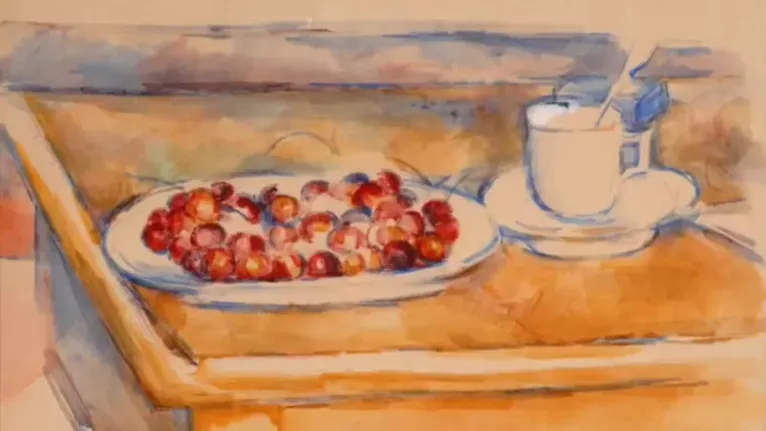 A obra "Natureza Morta com Cerejas", de Cézanne.
