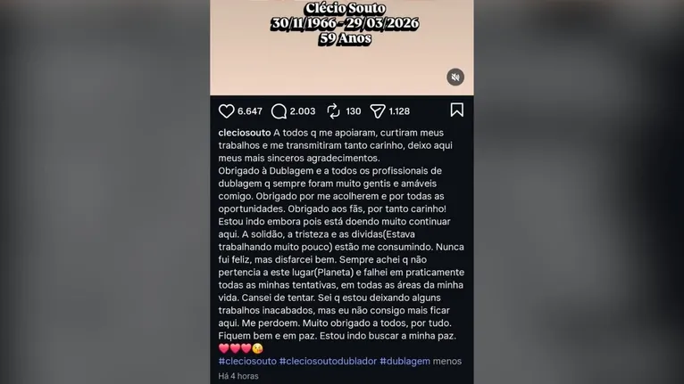 No texto, Clécio desabafou sobre um período difícil, citando sentimentos de solidão