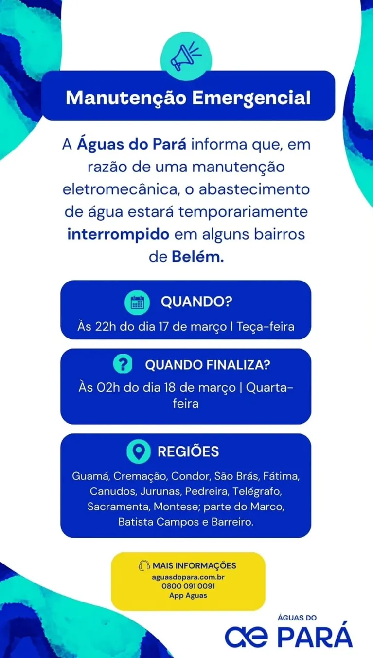 Abastecimento de água será interrompido em Belém nesta terça