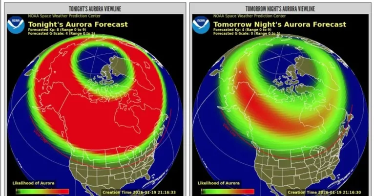 Mapas de previsão mostram a extensão esperada da aurora boreal para esta noite e para terça-feira (20) à noite.