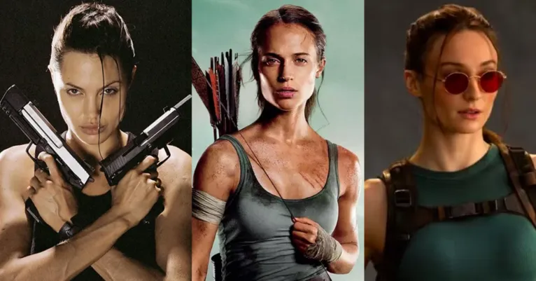 Angelina Jolie em 2001,Alicia Vikander em 2018 e Sophie Turner em 2026