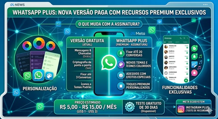 Interface de configurações do novo WhatsApp Plus mostra opções de temas coloridos e novos pacotes de ícones para o menu principal.