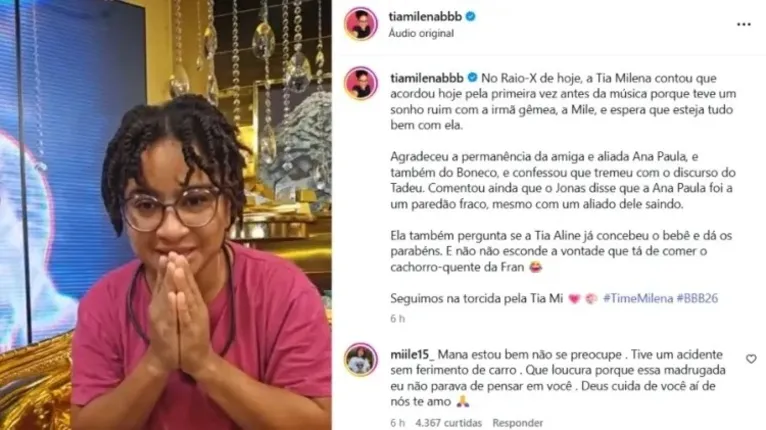 Premonição? Milena tem pesadelo com a irmã gêmea após ela sofrer acidente