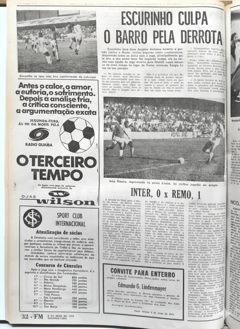 Destaque em um jornal gaúcho para a vitória azulina em 1974