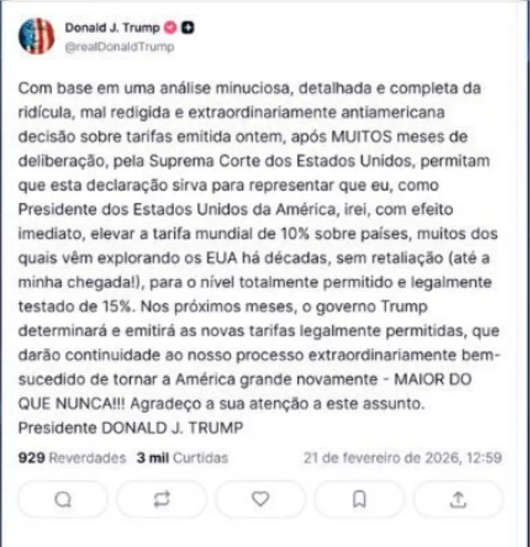 Trump eleva tarifa global de 10% para 15%