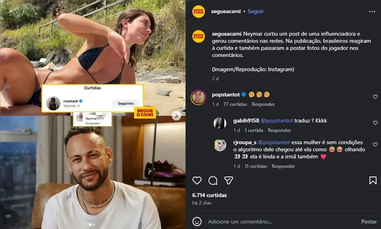 Modelo comenta curtida “acidental” de Neymar em foto de biquini