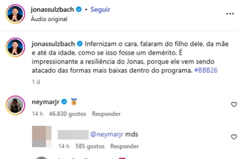 Neymar declara apoio a participante do BBB 26; saiba quem