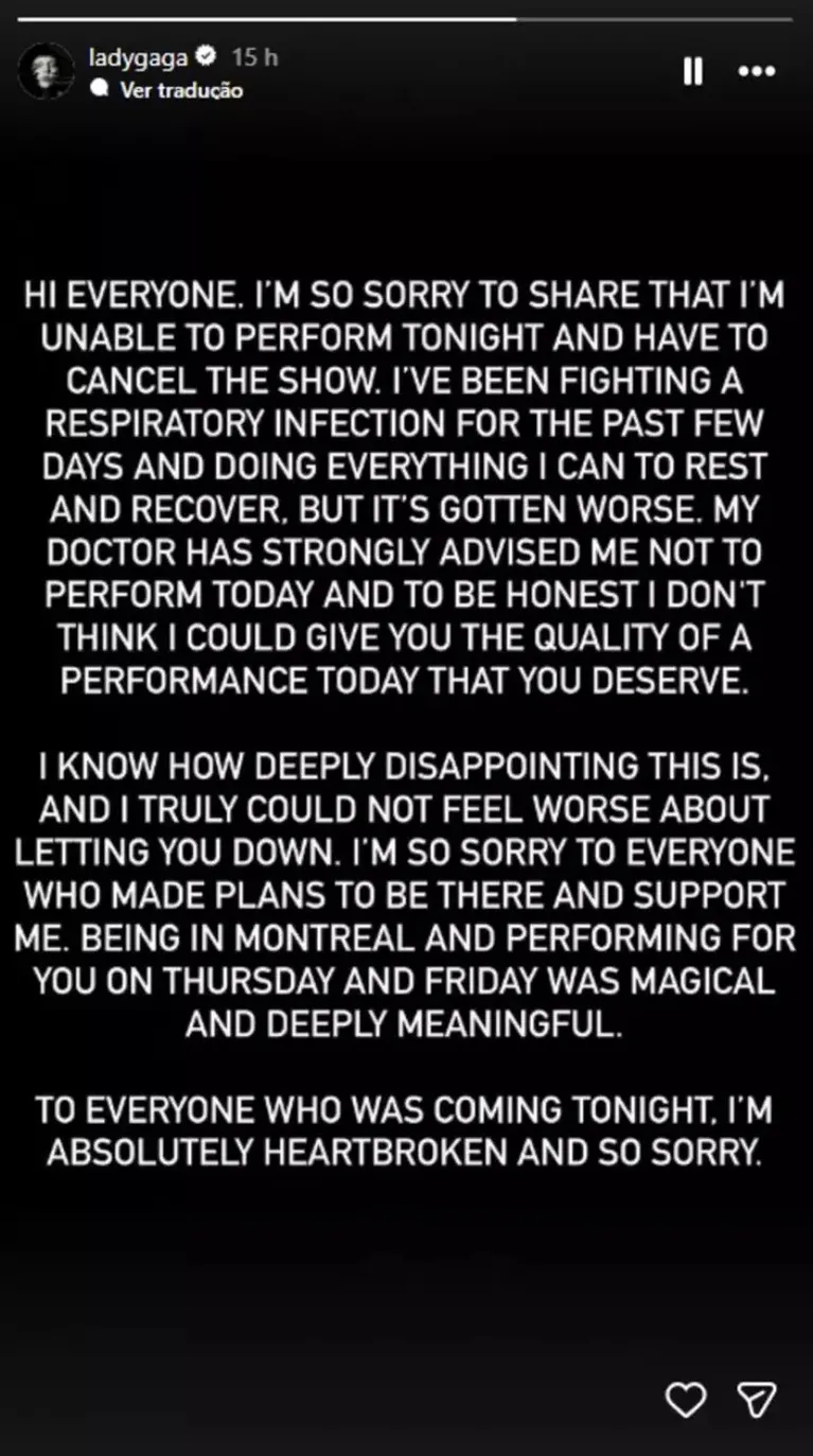 Lady Gaga cancela show após piora no quadro de saúde