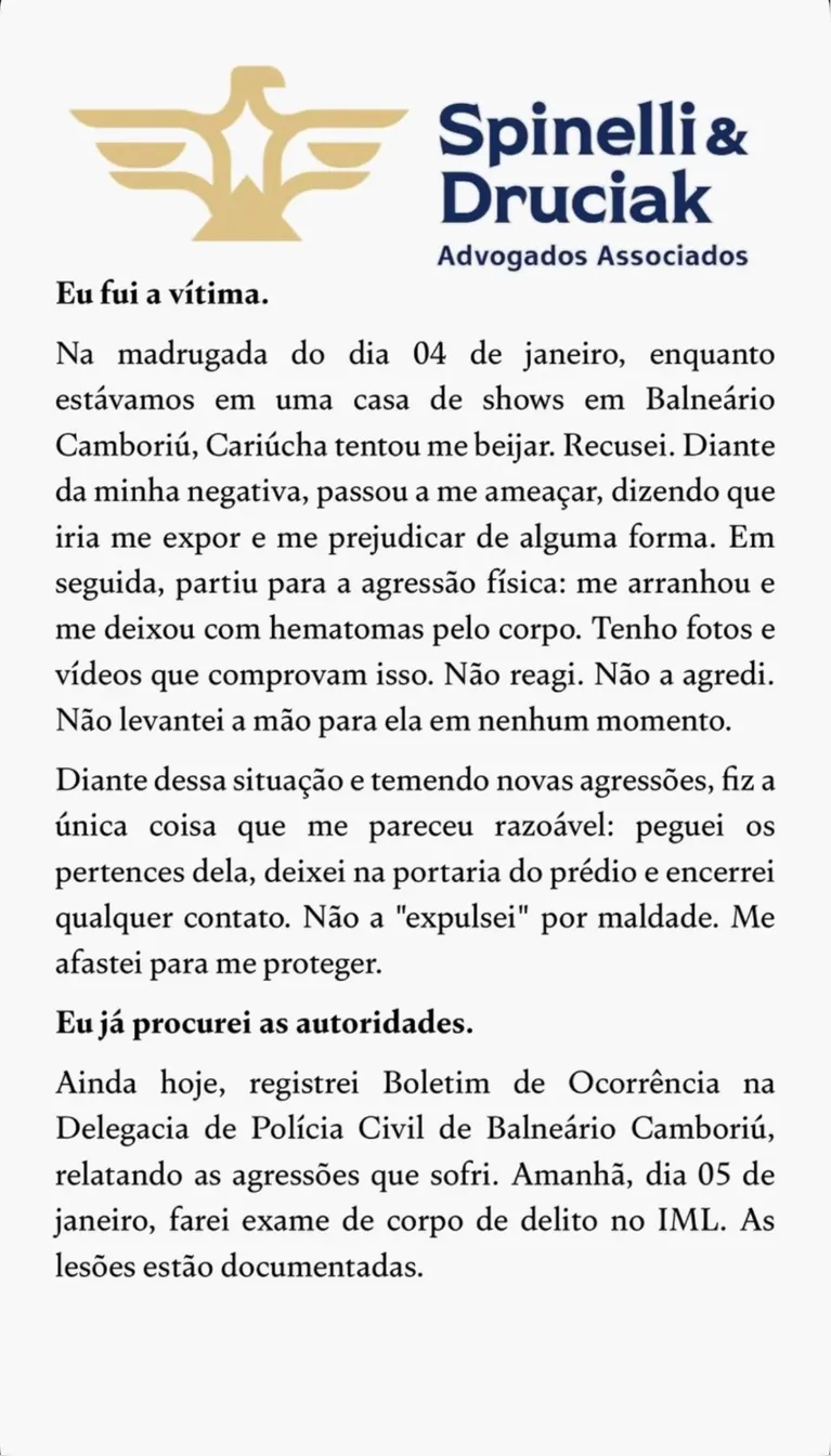 Médico acusado de agressão por Cariúcha diz que foi ameaçado por ela