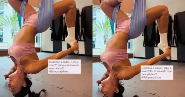 Em uma das fotos compartilhadas, Juliana surge de cabeça para baixo, sustentada por tecidos presos ao teto do estúdio de treino.