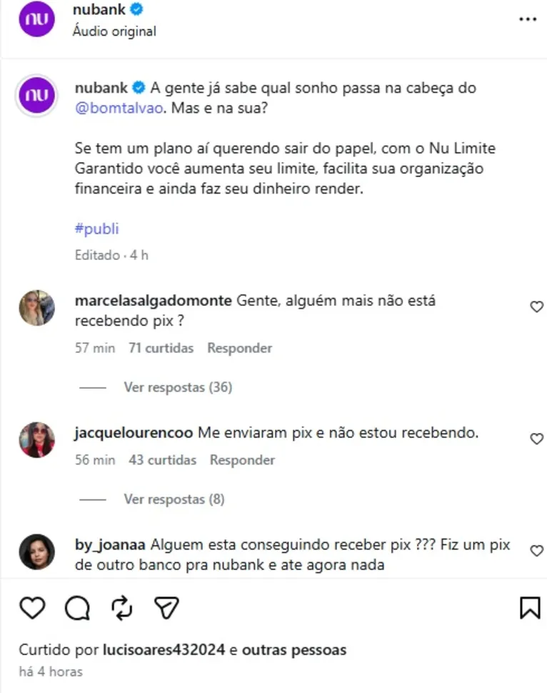 Nubank tem instabilidade e falhas no Pix nesta quinta (23)