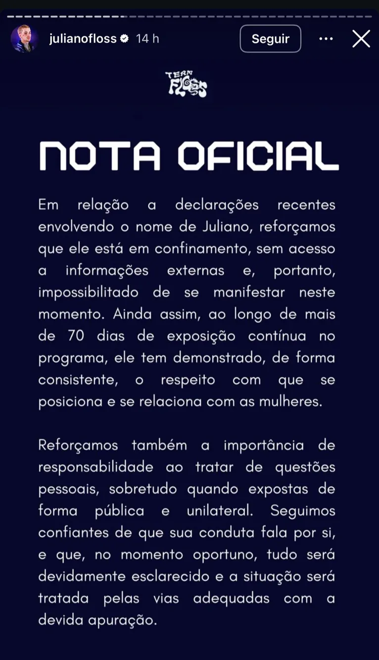 Equipe de Juliano se pronuncia após acusações da ex-namorada