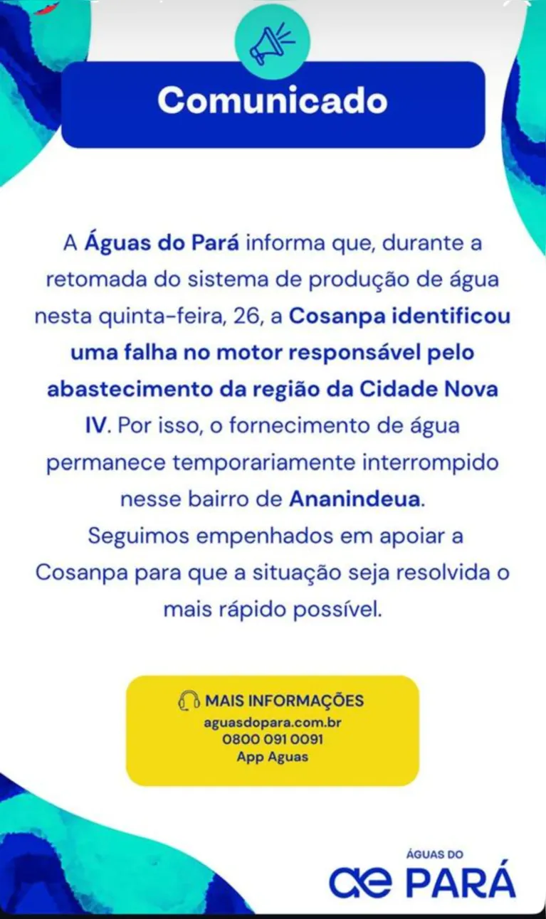 Reparo e vazamento deixam parte de Belém e Ananindeua sem água