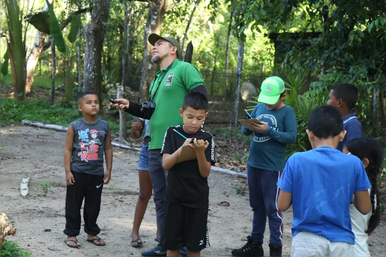 Estudantes observam e anotam sobre os animais avistados.