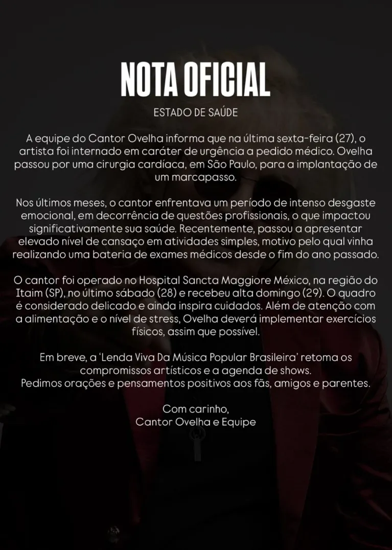 Cantor Ovelha passa por cirurgia de urgência após passar mal