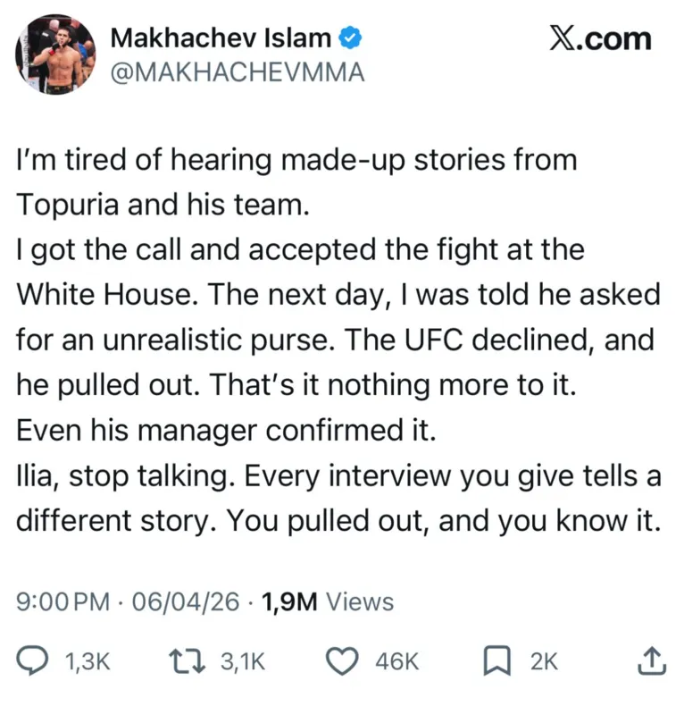 Islam Makhachev quebra o silêncio sobre luta na Casa Branca