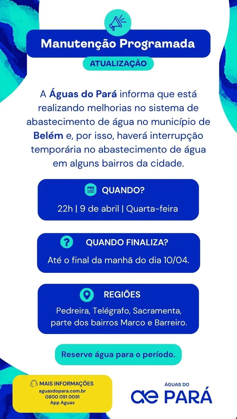 Belém fica sem água na noite desta quarta-feira; veja os bairros