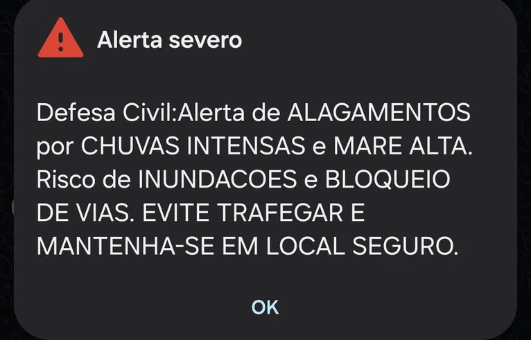 Defesa Civil emite alerta para chuvas intensas e maré alta