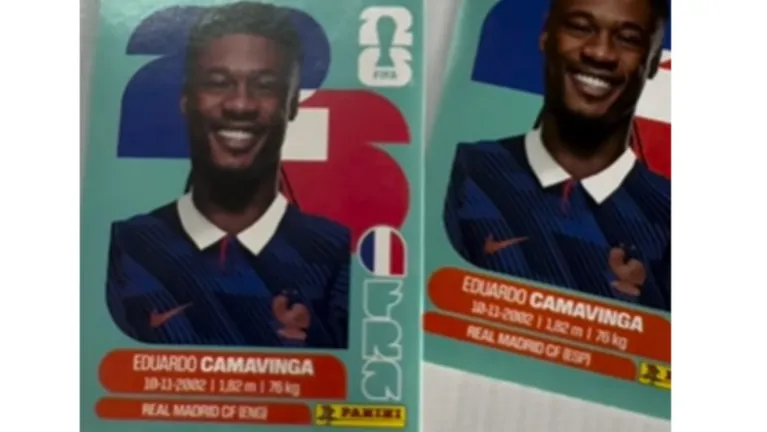 Algumas falsificações apresentam erros evidentes. Em um dos exemplos, o mesmo jogador aparece em duas seleções diferentes, mas vestindo uniforme da França.