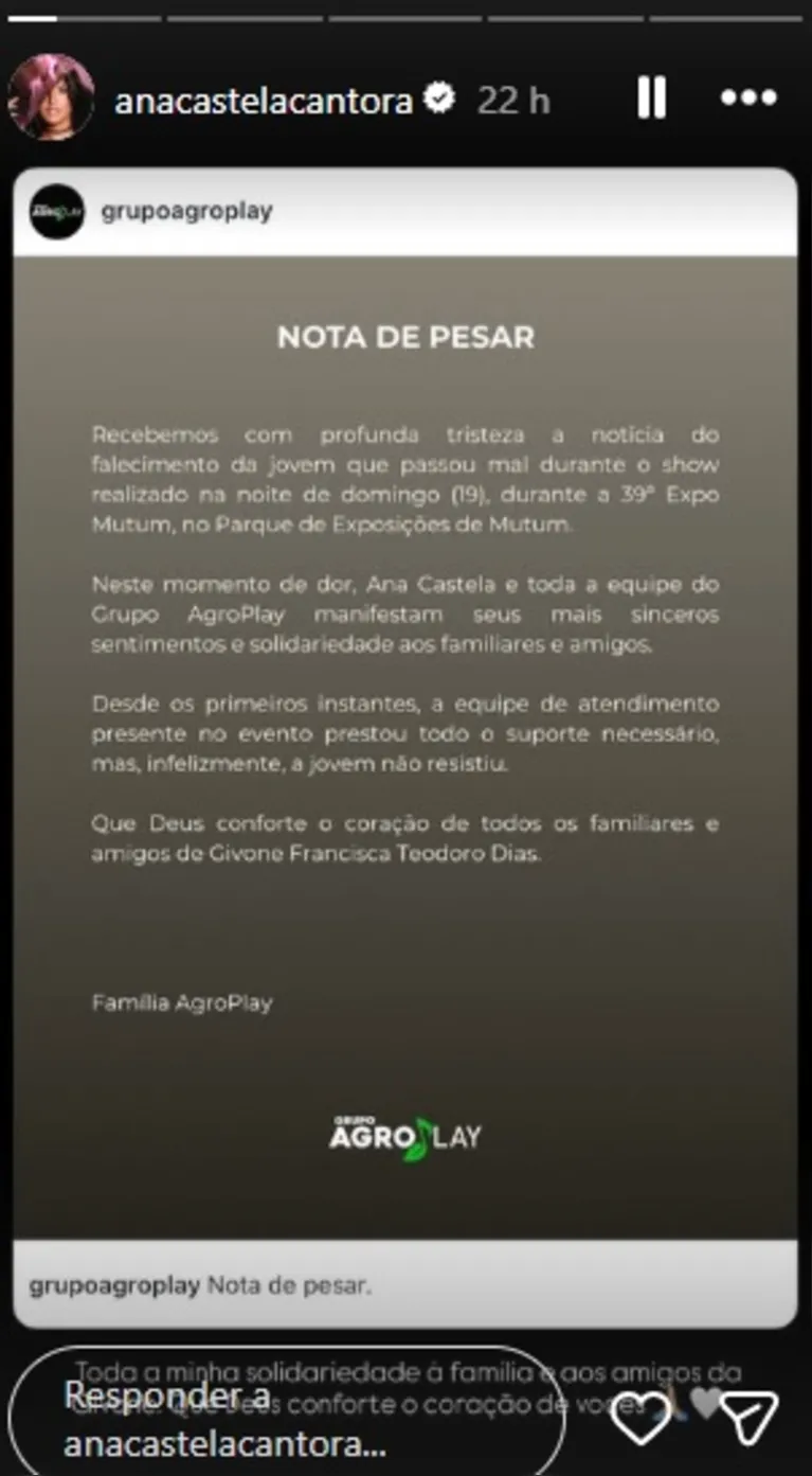 Ana Castela se pronuncia após morte de fã durante show em Minas Gerais
