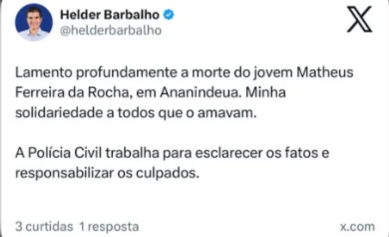 Governadora Hana garante investigação severa no caso Matheus