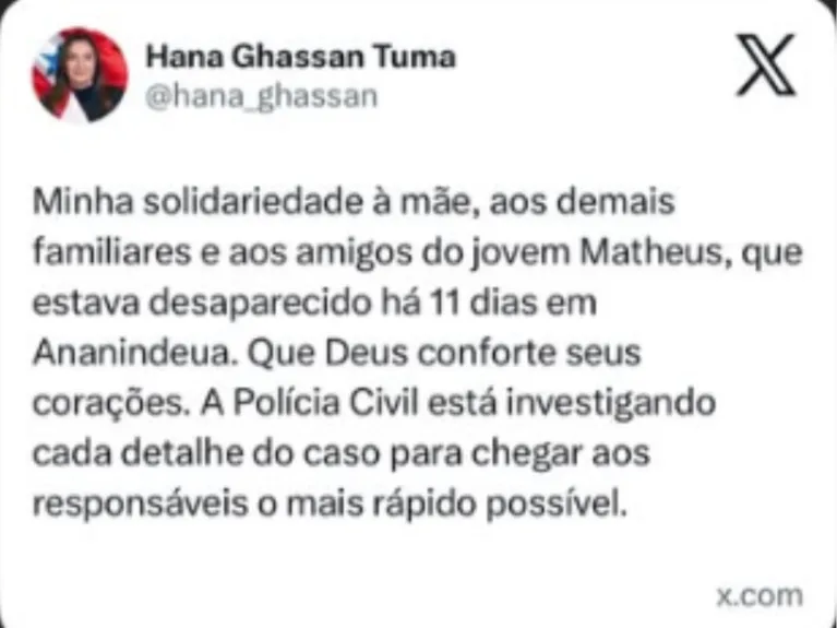 Governadora Hana garante investigação severa no caso Matheus