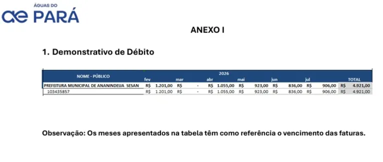 Descritivo dos meses que a prefeitura de Ananindeua deve à concessionária